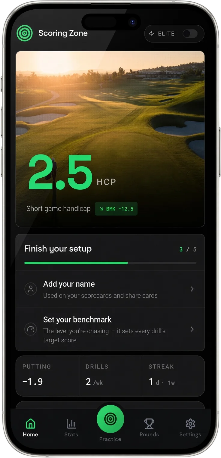 The Scoring Zone home screen showing a Short Game Handicap of 2.5 and a setup checklist