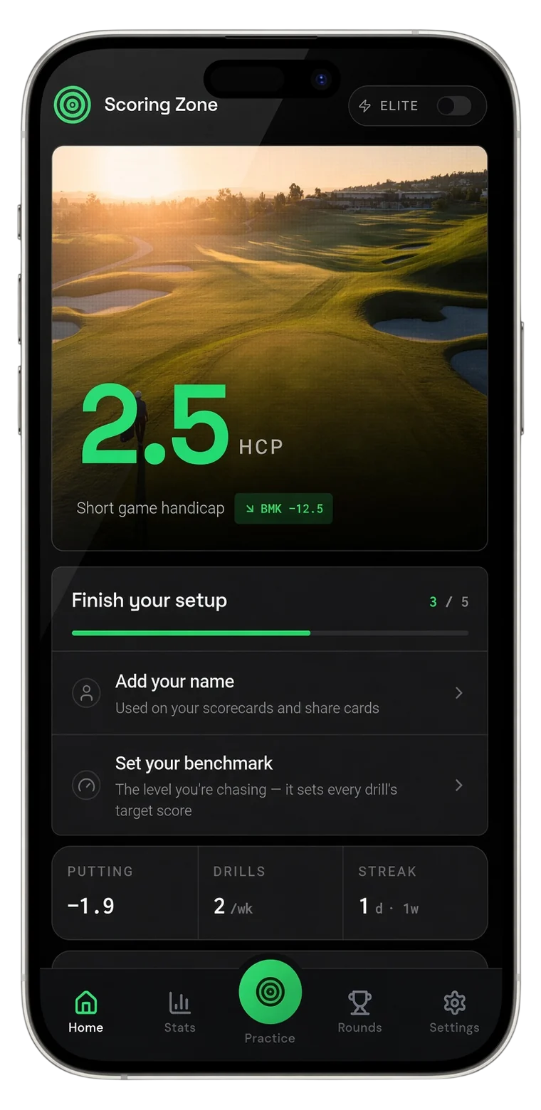 The Scoring Zone home screen showing a 2.5 short game handicap