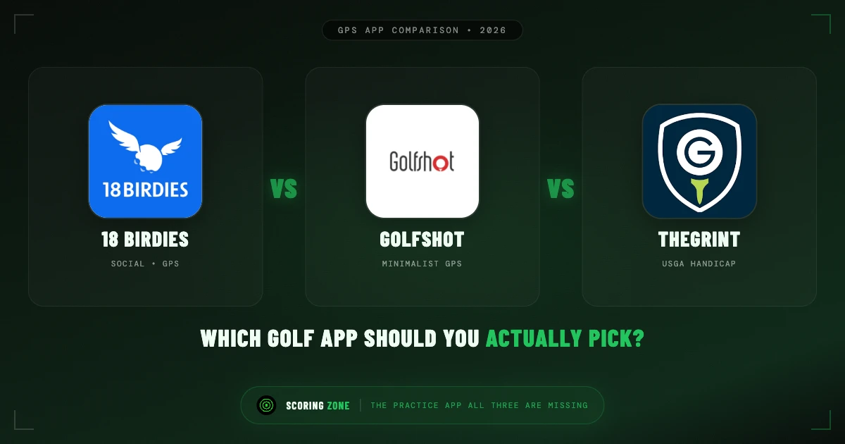 Branded comparison of 18Birdies, Golfshot, and TheGrint golf apps with Scoring Zone as the practice companion