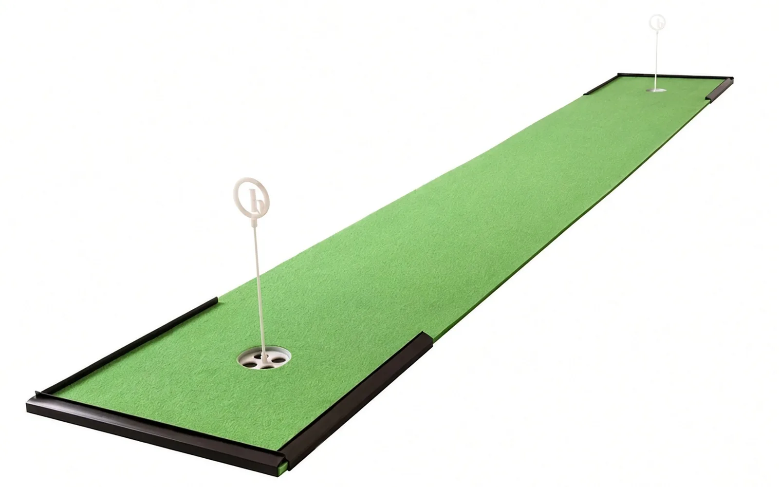 The BirdieBall putting mat set up indoors, its RollTech foam surface rolling out to two cups