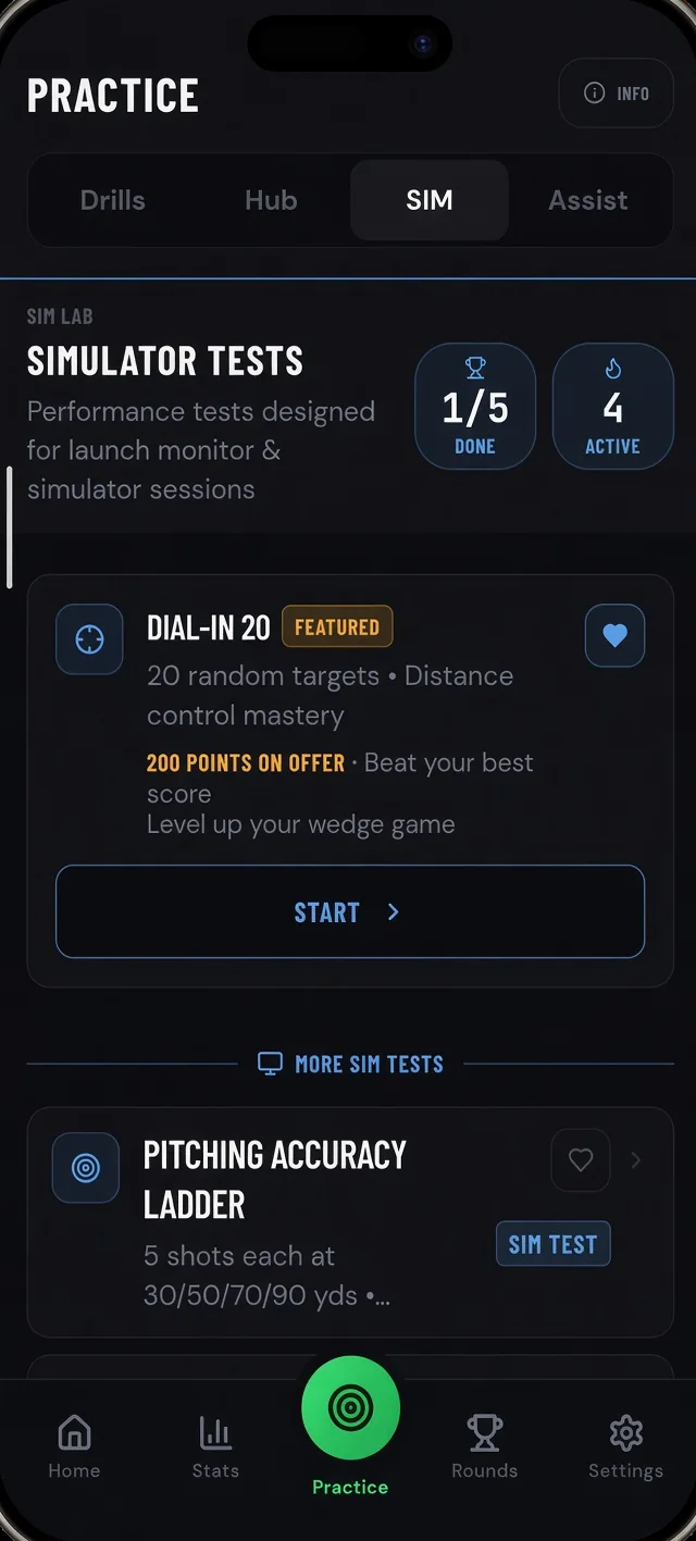 The Scoring Zone SIM Lab simulator test list, including Dial-In 20 and the Pitching Accuracy Ladder