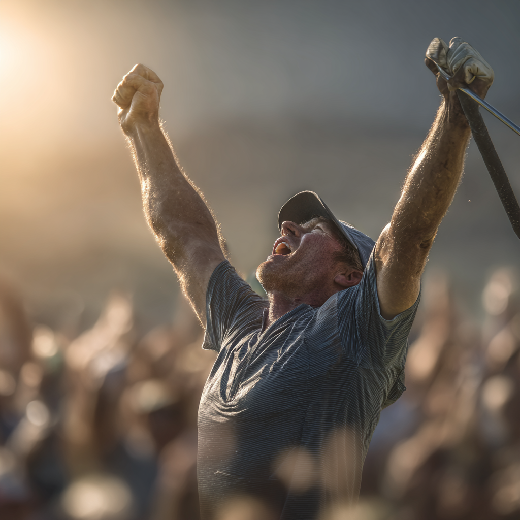 Golfer celebrating a made putt during a golf short game practice session