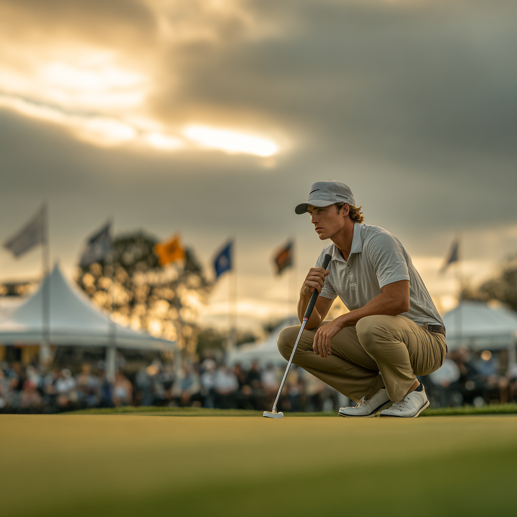 Young golfer crouched behind the ball reading a putt on the green